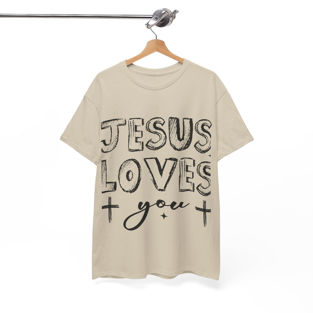 Jesus Loves You Chalk-Style Tee — Crosses & Stars Christian UNisex Cotton T-Shirt
