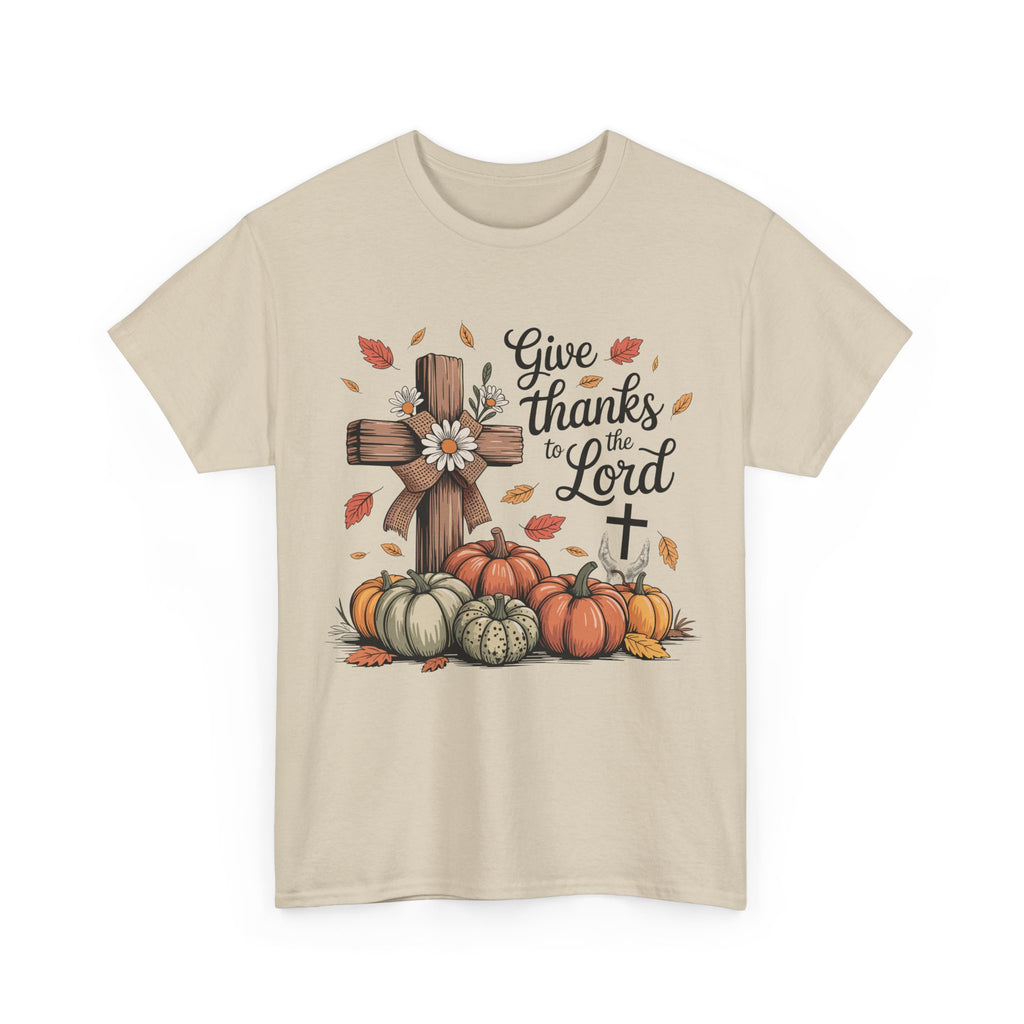 Give Thanks to the Lord Autumn Tee — Wooden Cross, Pumpkins & Daisies..Unisex Cotton Tee