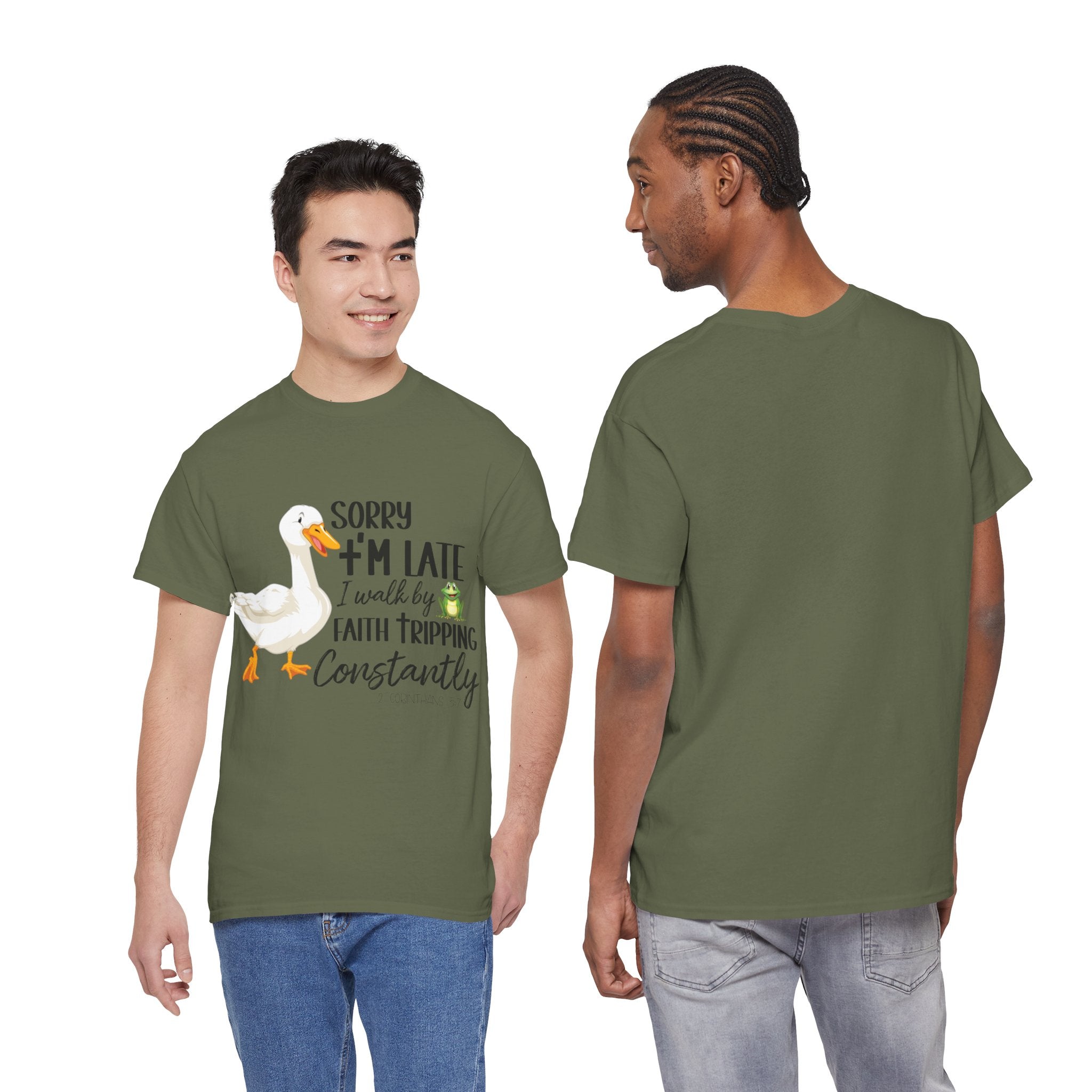 Christian Humor T-Shirt — “Sorry I’m Late, I Walk by Faith Tripping Constantly” (Duck & Frog). Unisex Cotton Tee