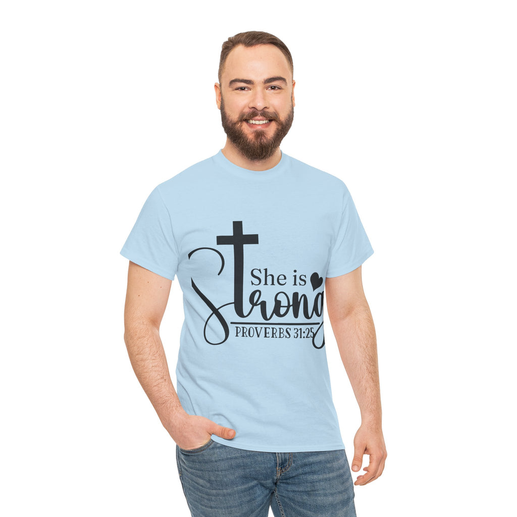 Proverbs 31:25 'She is Strong' T-Shirt – Christian Cross & Heart Unisex Cotton Tee