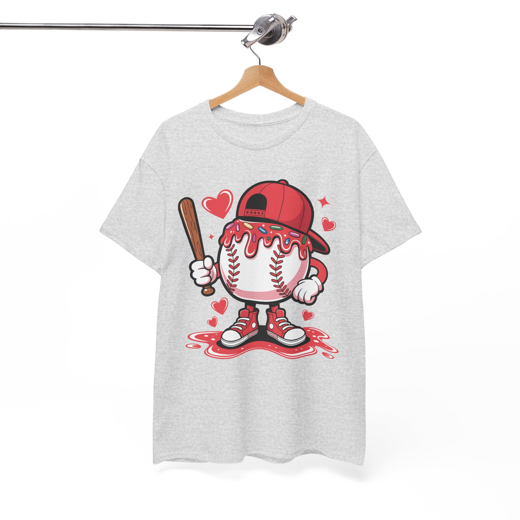 Cute Baseball Character T-Shirt — Red Cap & Icing Top Graphic with Hearts Unisex Cotton Tee