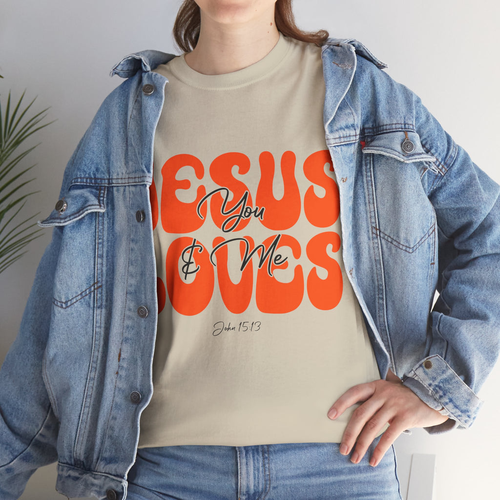 Jesus Loves You & Me Retro Tee — Playful Orange Bubbly Christian Unisex Cotton T-Shirt