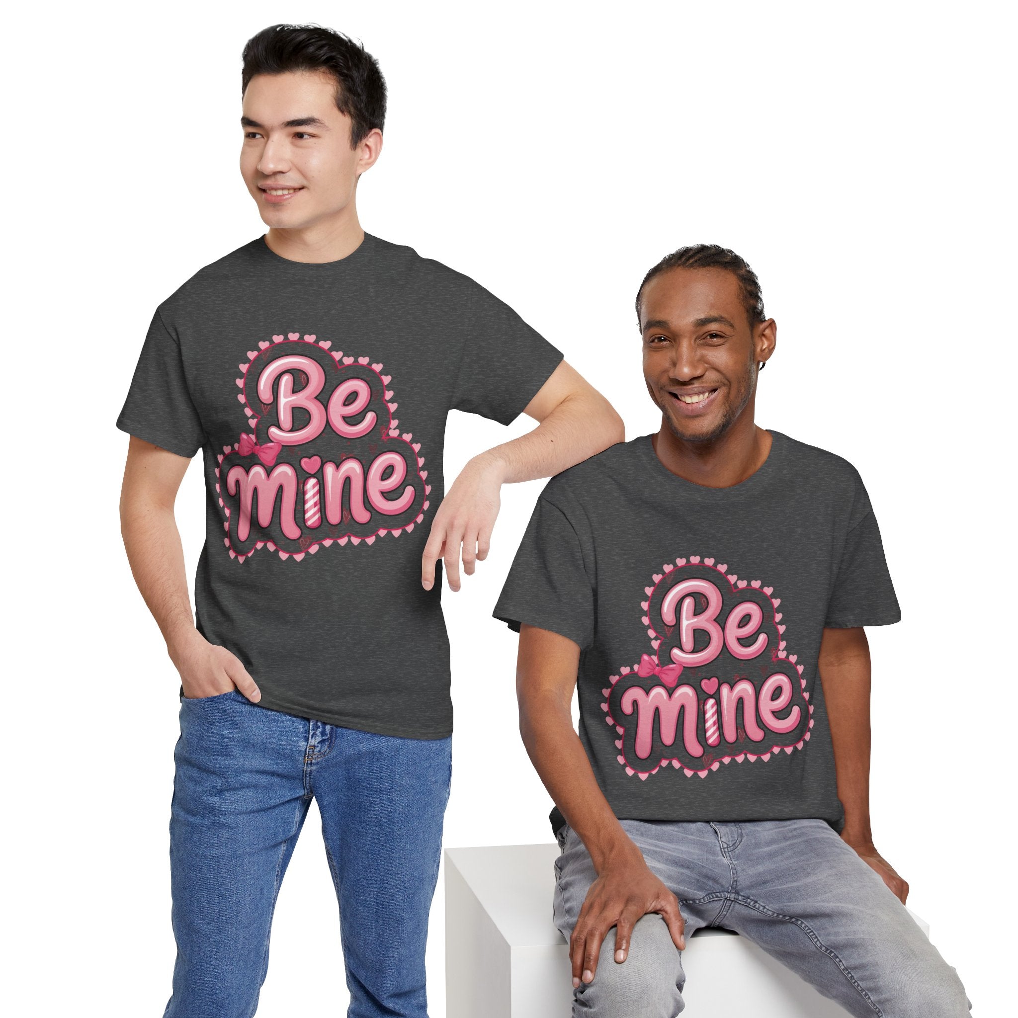 Be Mine Valentine T-Shirt — Pink Bubble Letters with Hearts & Bow..Unisex Cotton Tee