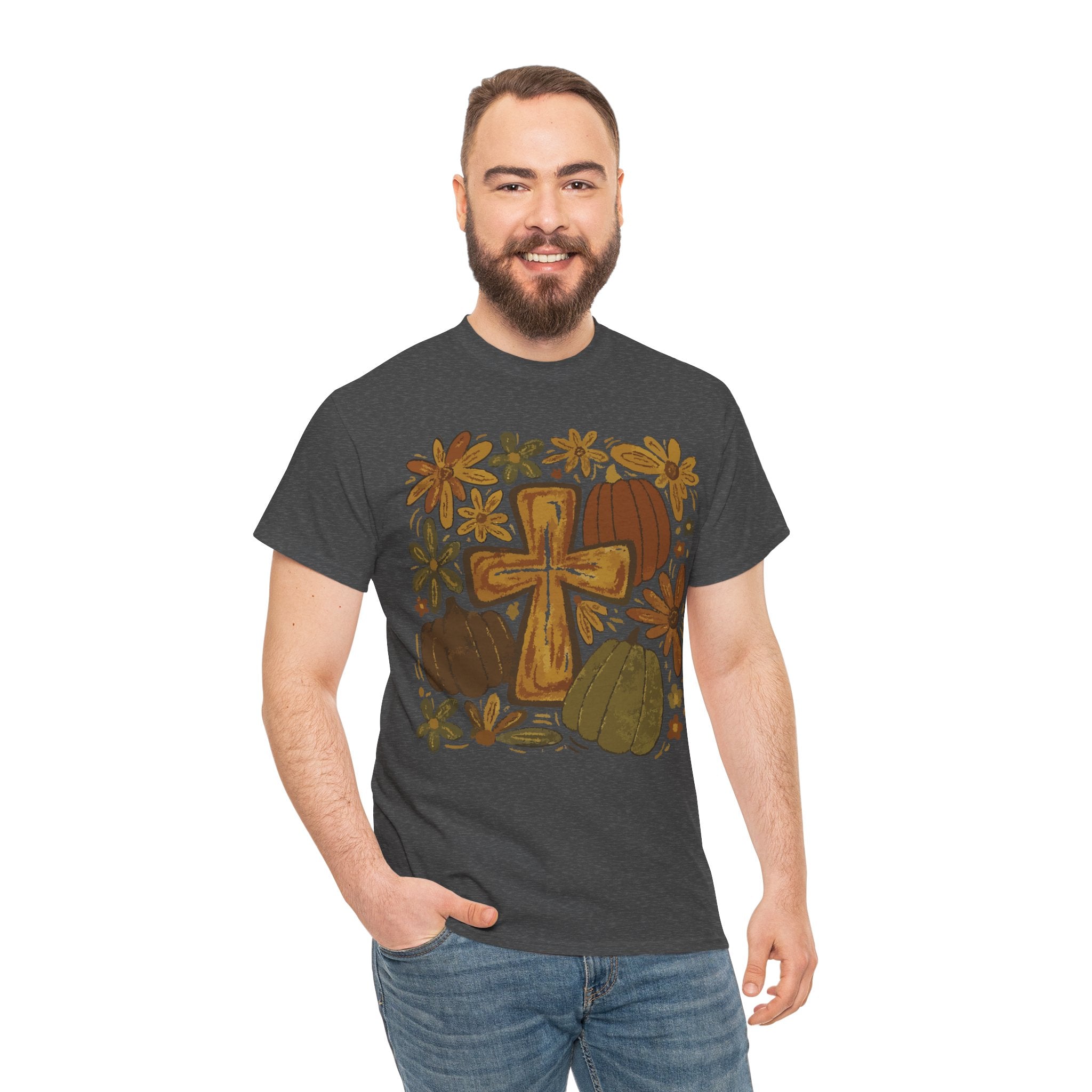 Autumn Cross Tee — Rustic Pumpkin & Fall Floral Christian Unisaex Cotton T-Shirt