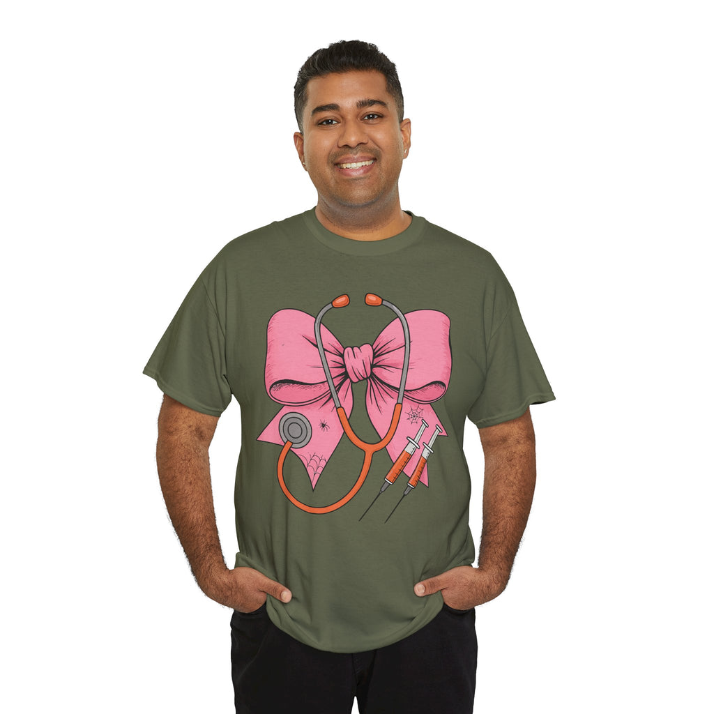 Halloween Nurse T‑Shirt — Pink Nurse Bow with Stethoscope, Syringes & Spider Webs..Unisex Cotton Tee