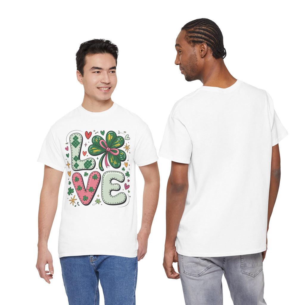 Stitched Clover 'LOVE' Tee — Heart & Patchwork St. Patrick's Unisex Cotton T-Shirt