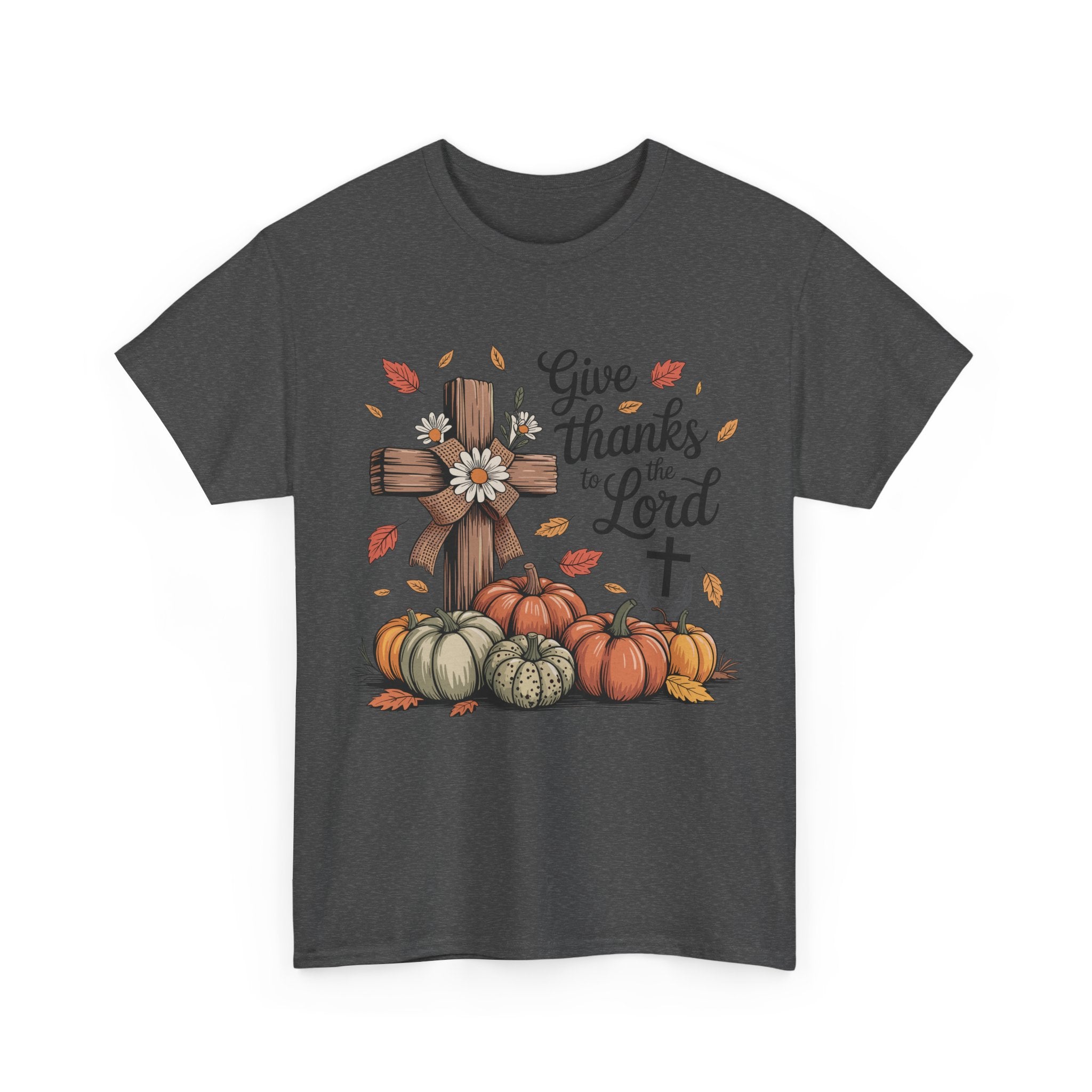 Give Thanks to the Lord Autumn Tee — Wooden Cross, Pumpkins & Daisies..Unisex Cotton Tee