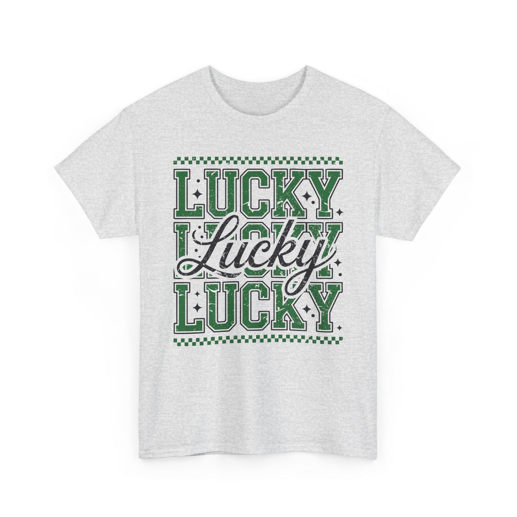 Lucky Varsity Tee — Layered Green ‘Lucky’ Graphic Unisex Cotton Tee