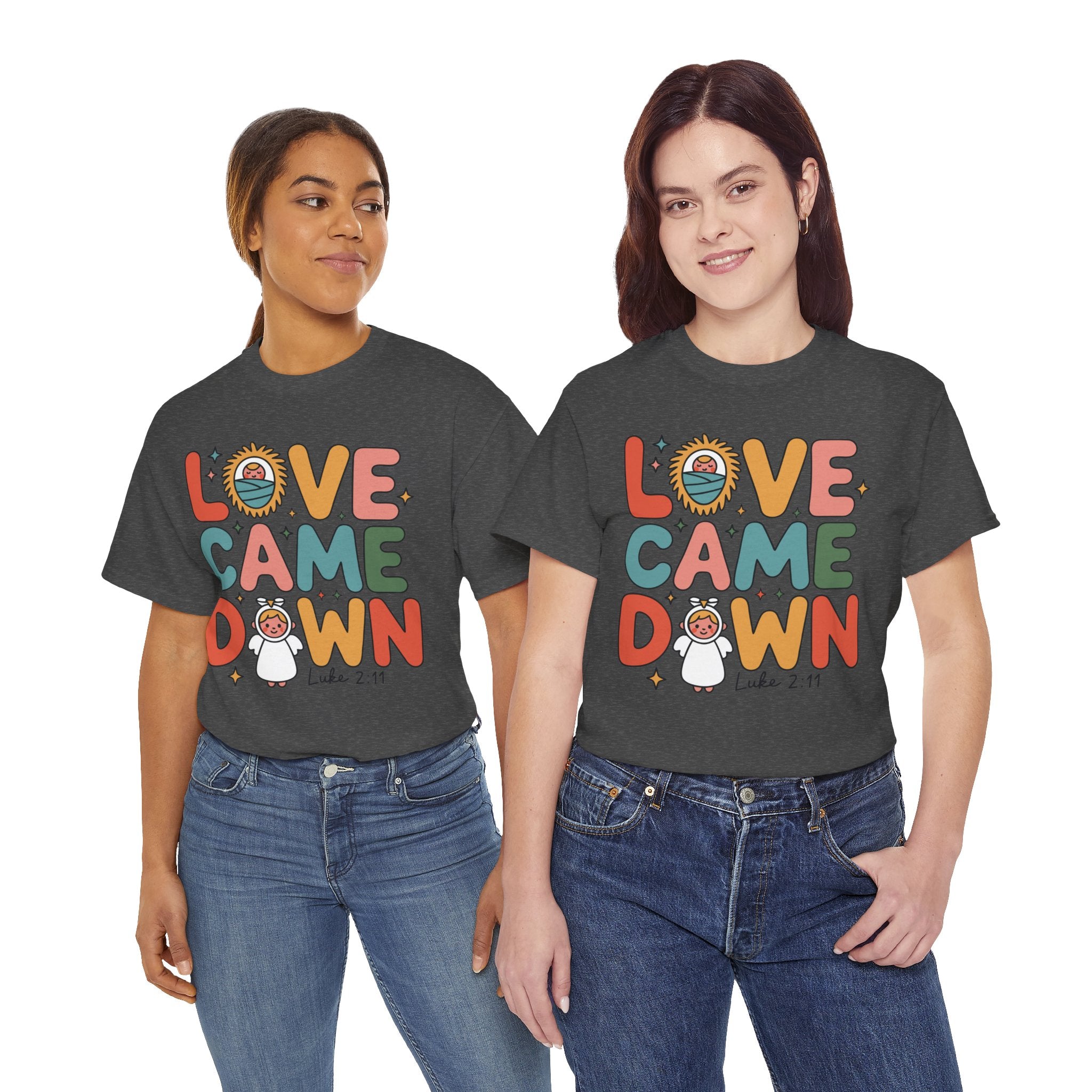 Love Came Down Christmas Tee — Baby Jesus Manger Angel (Luke 2:11)..Unisex Cotton Tee