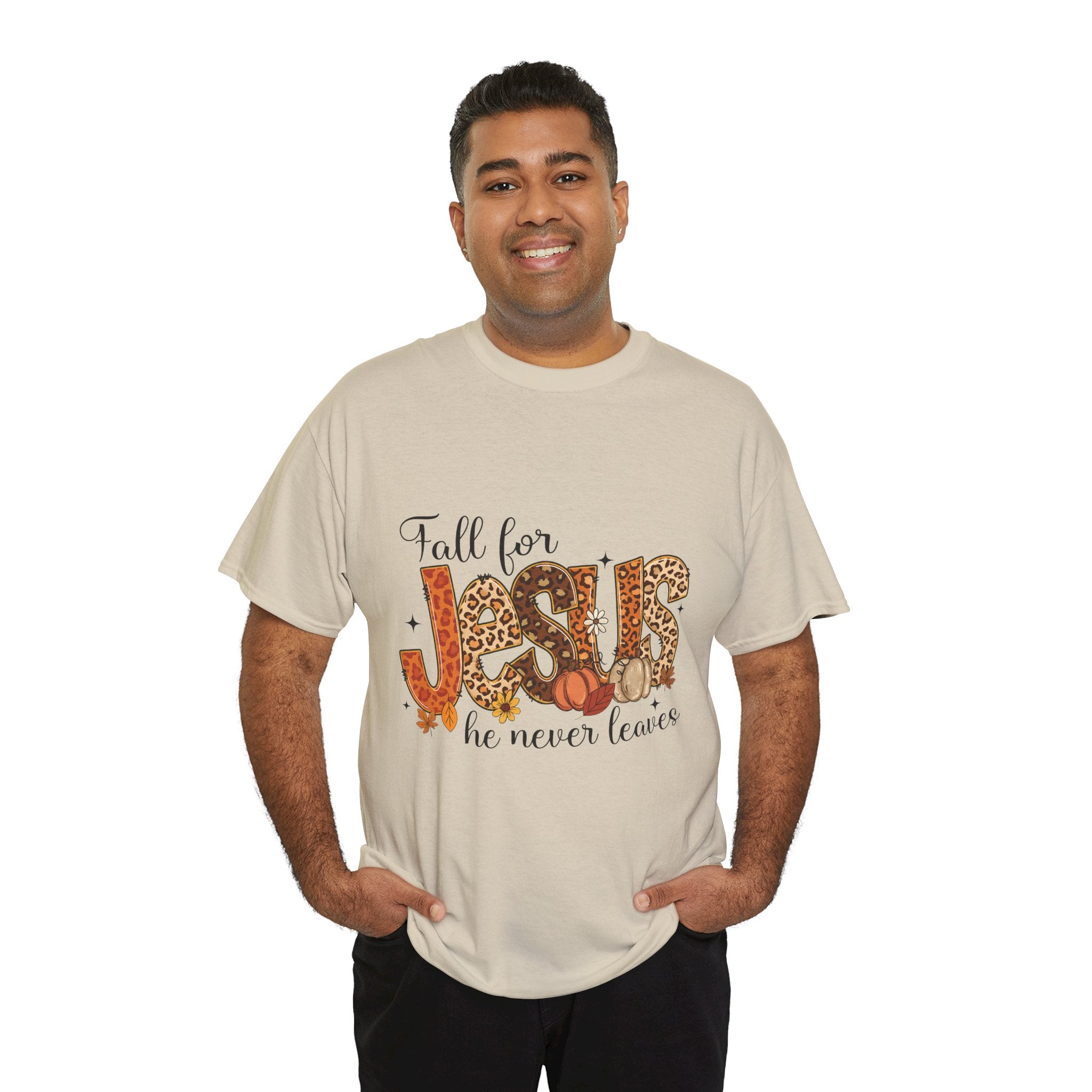 JESUS Leopard Print Fall T-Shirt — Pumpkins, Leaves & Floral Christian Unisex Cotton Tee