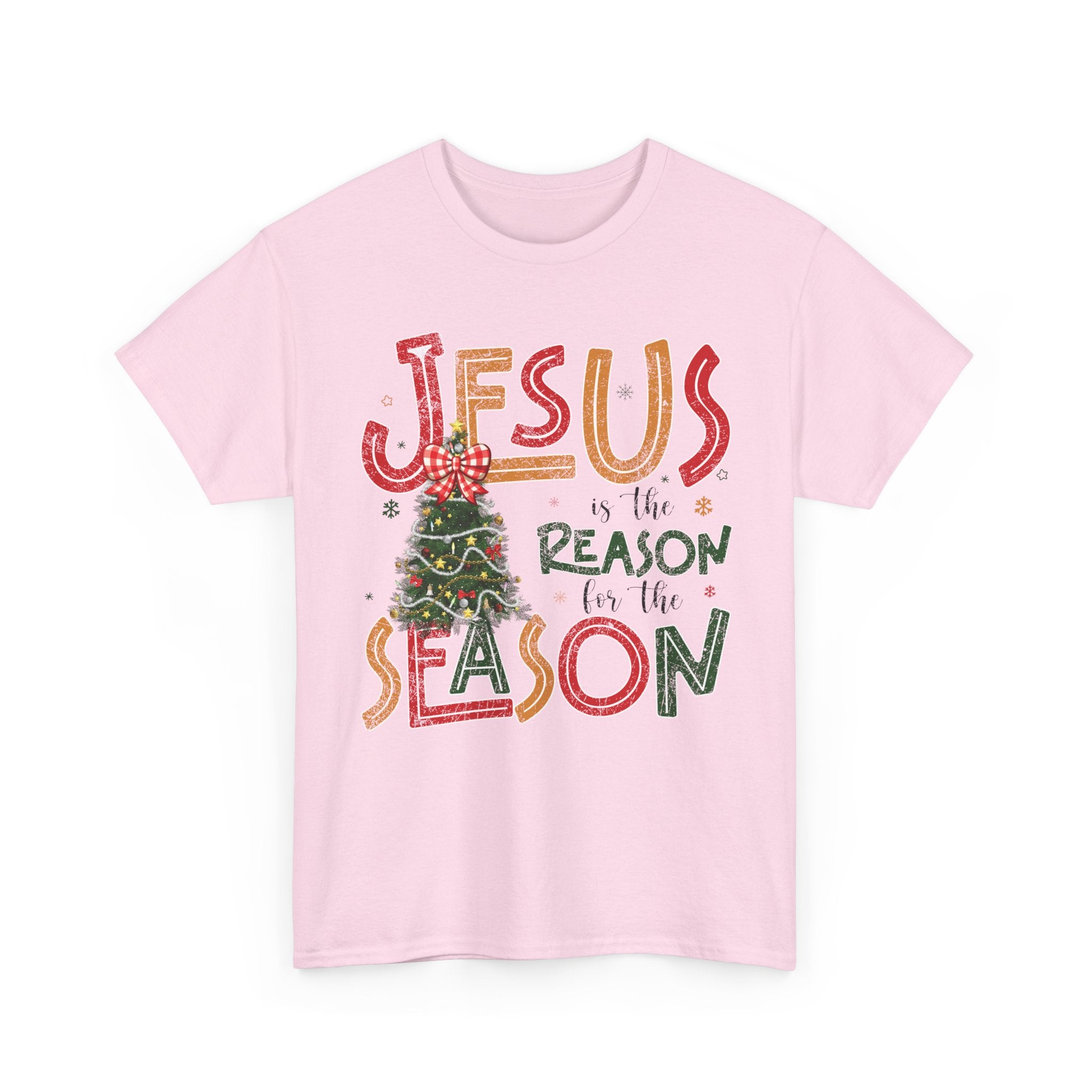 Jesus Is the Reason for the Season Christmas T-Shirt — Plaid Bow Tree..Unisex Cotton Tee