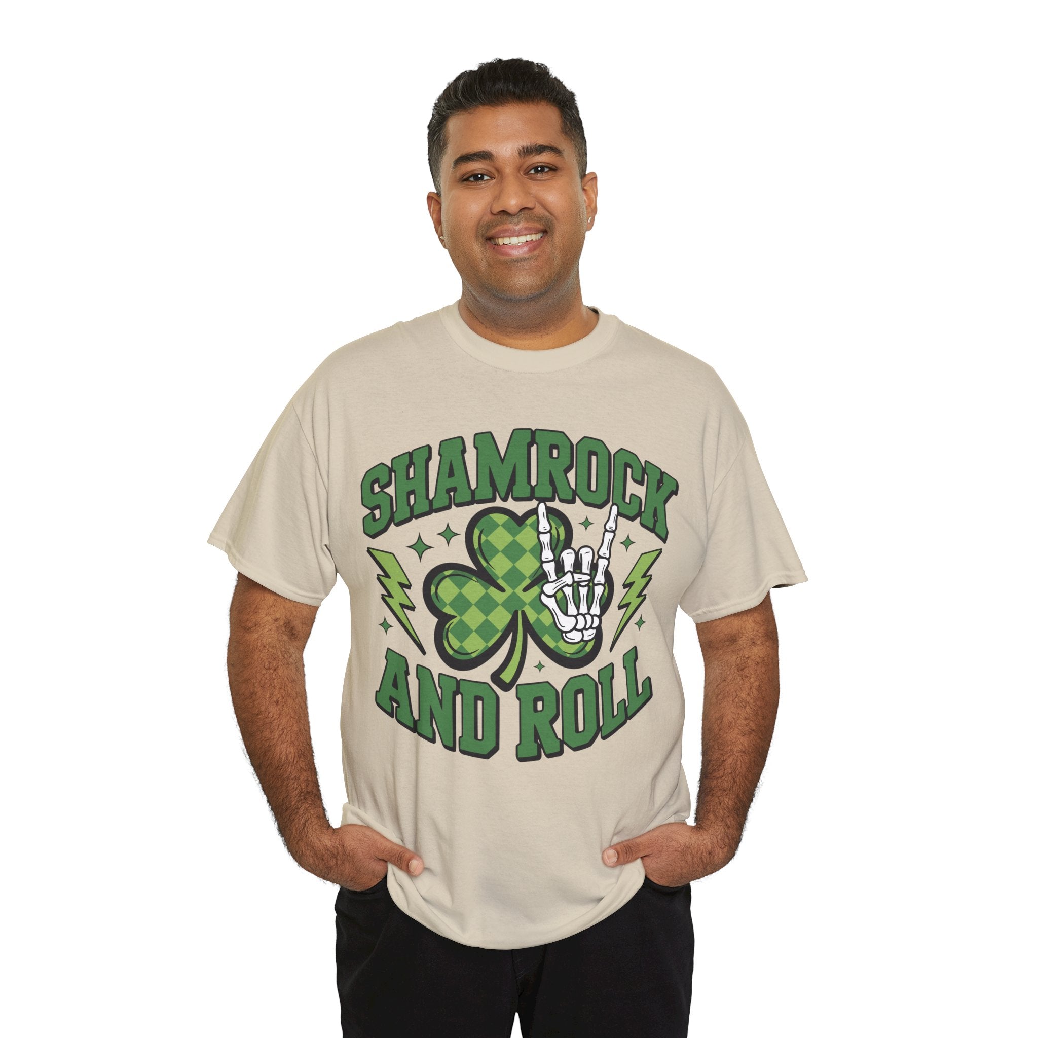 Shamrock and Roll Tee — Skeleton Hand & Lightning St. Patrick’s Rock Unisex Cotton Shirt