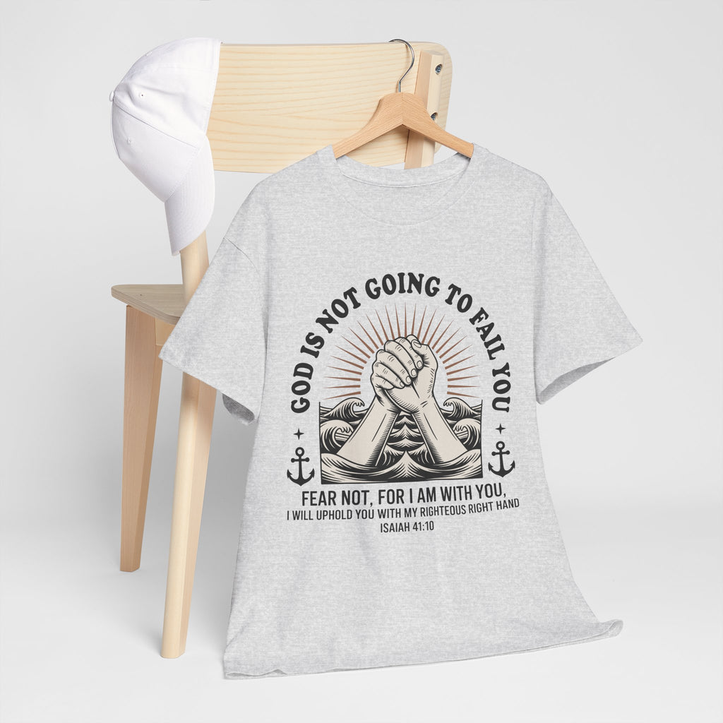 Isaiah 41:10 "Fear Not, For I Am With You" T-Shirt — Clasped Hands Rising from Waves Christian Unisex Cotton Tee