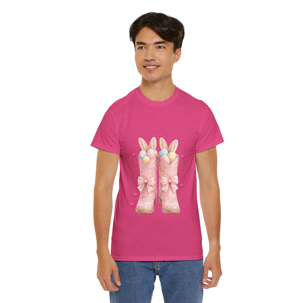 Easter Pink Western Boots Tee — Pastel Bunny Eggs & Bows Unisex Cotton Tee