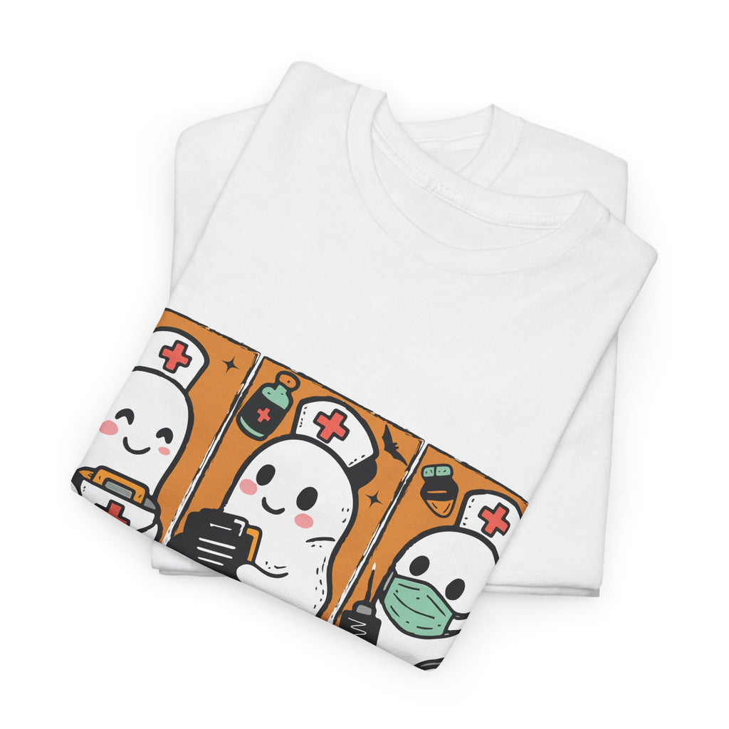 Halloween Nurse T-Shirt — Ghost Nurses Holding Medical Tools on Orange Unisec Cotton Tee