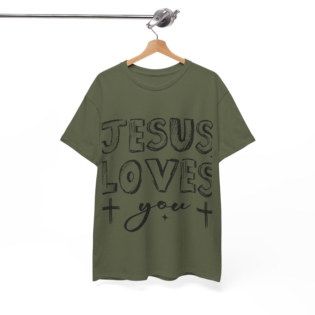 Jesus Loves You Chalk-Style Tee — Crosses & Stars Christian UNisex Cotton T-Shirt