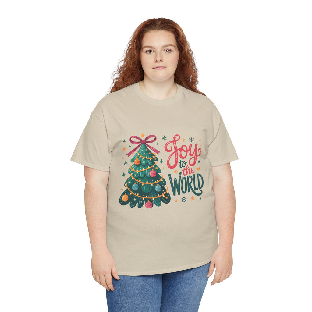 Joy to the World Christmas Tee — Festive Tree with Pink Bow..Unisex Cotton Tee