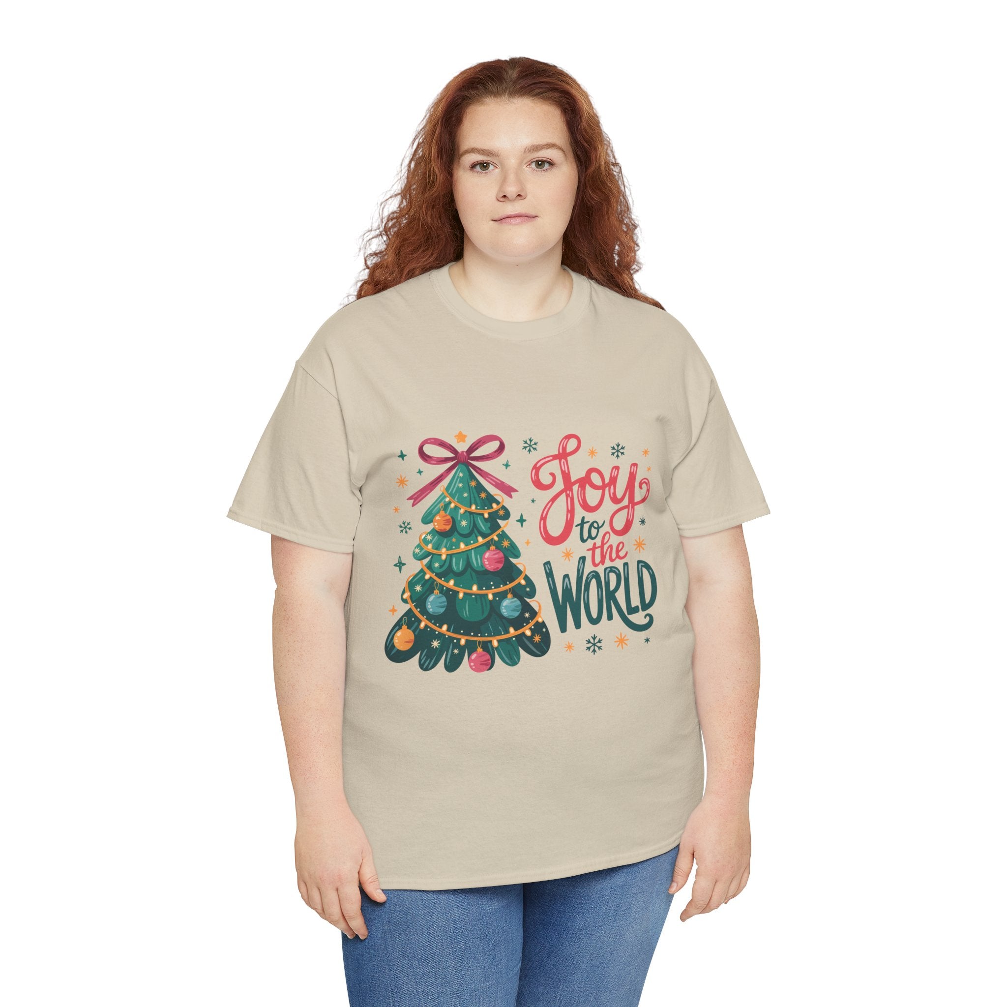 Joy to the World Christmas Tee — Festive Tree with Pink Bow..Unisex Cotton Tee