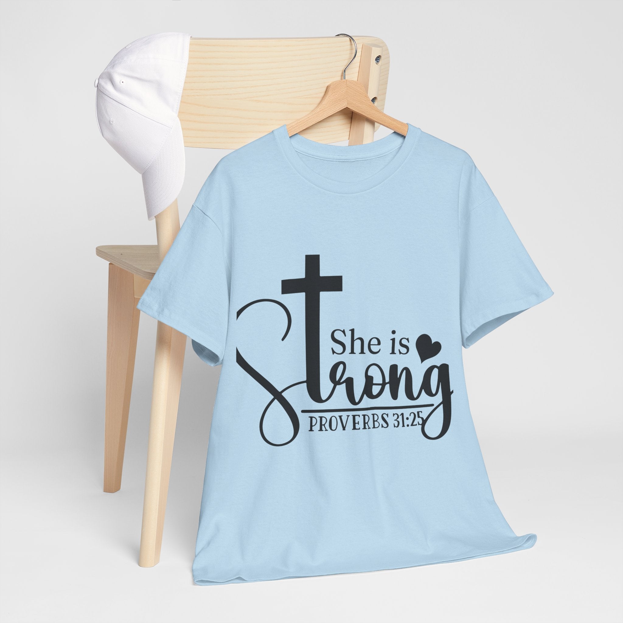 Proverbs 31:25 'She is Strong' T-Shirt – Christian Cross & Heart Unisex Cotton Tee