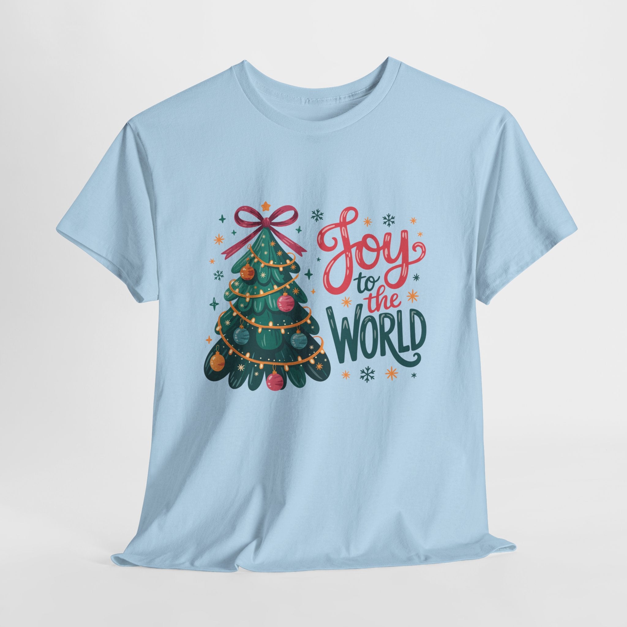 Joy to the World Christmas Tee — Festive Tree with Pink Bow..Unisex Cotton Tee
