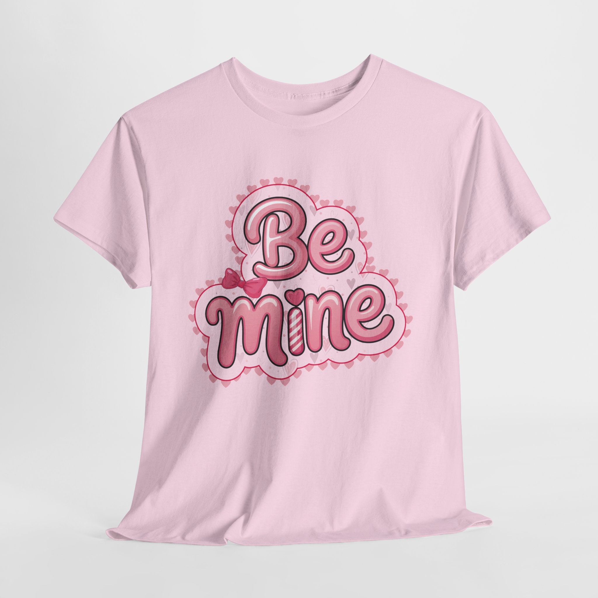 Be Mine Valentine T-Shirt — Pink Bubble Letters with Hearts & Bow..Unisex Cotton Tee