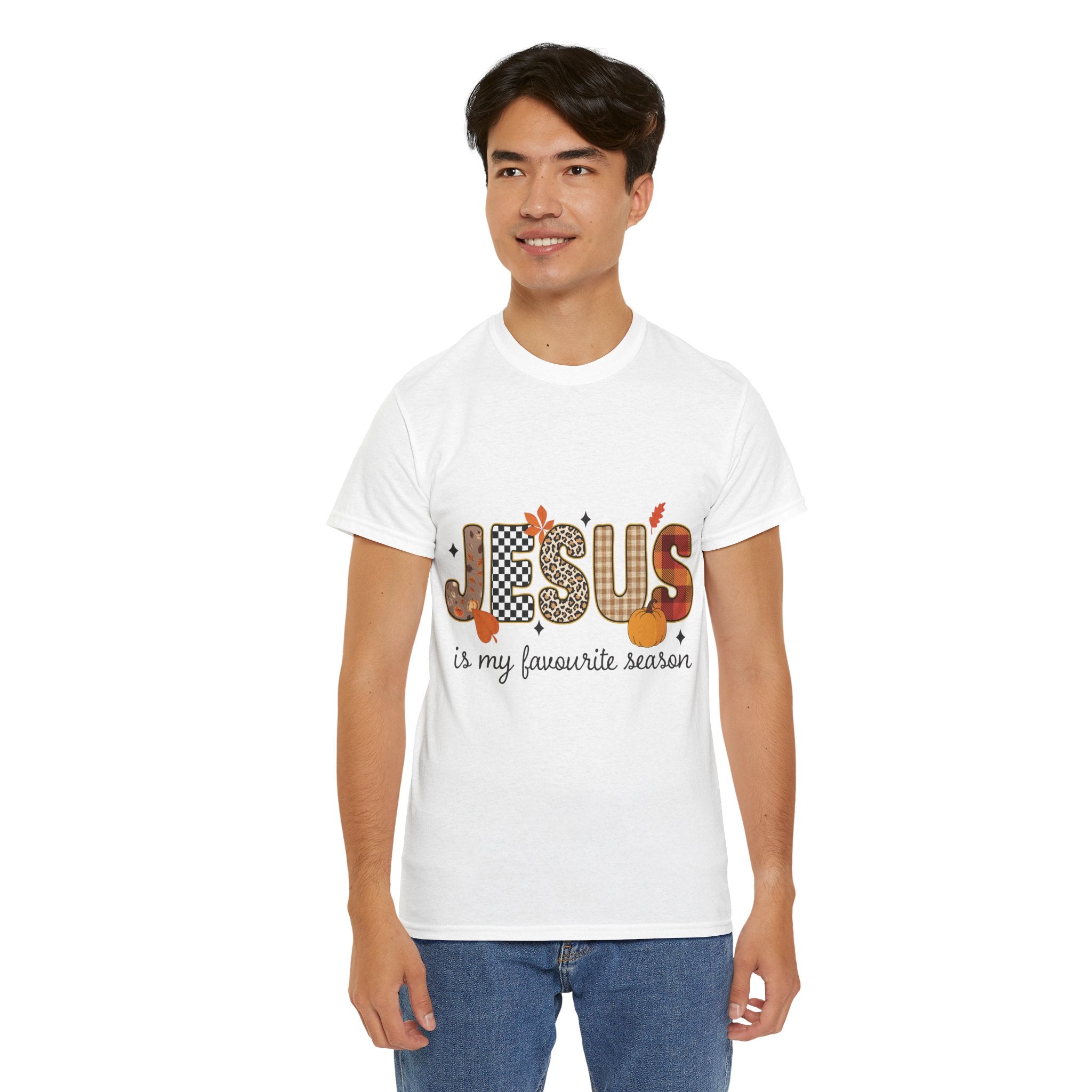 Jesus Is My Favorite Season Tee — Autumn Plaid & Leopard Lettering Unisex Cotton Tee