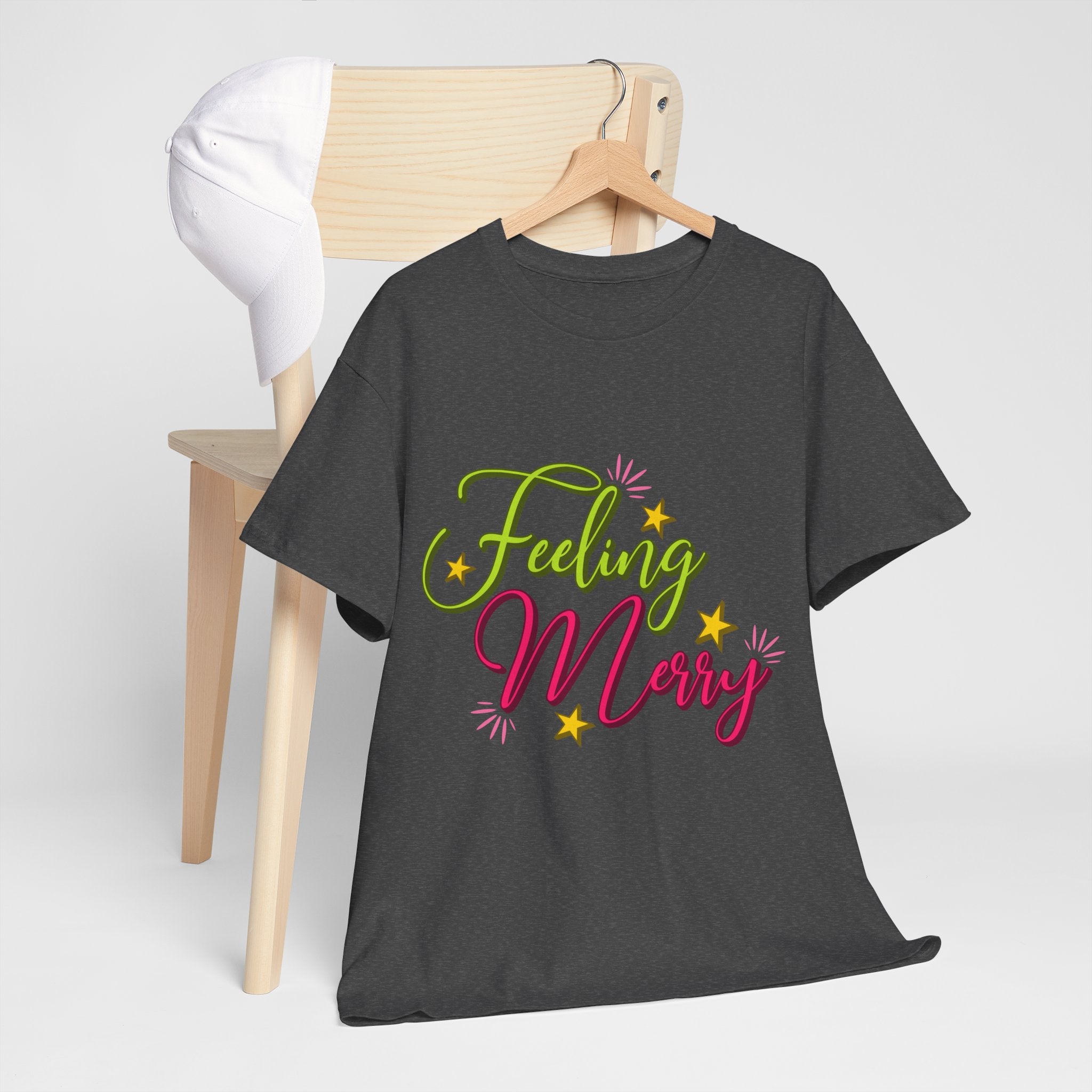 Feeling Merry T-Shirt — Bright Green & Pink Holiday Tee with Stars.Unisex Cotton Tee