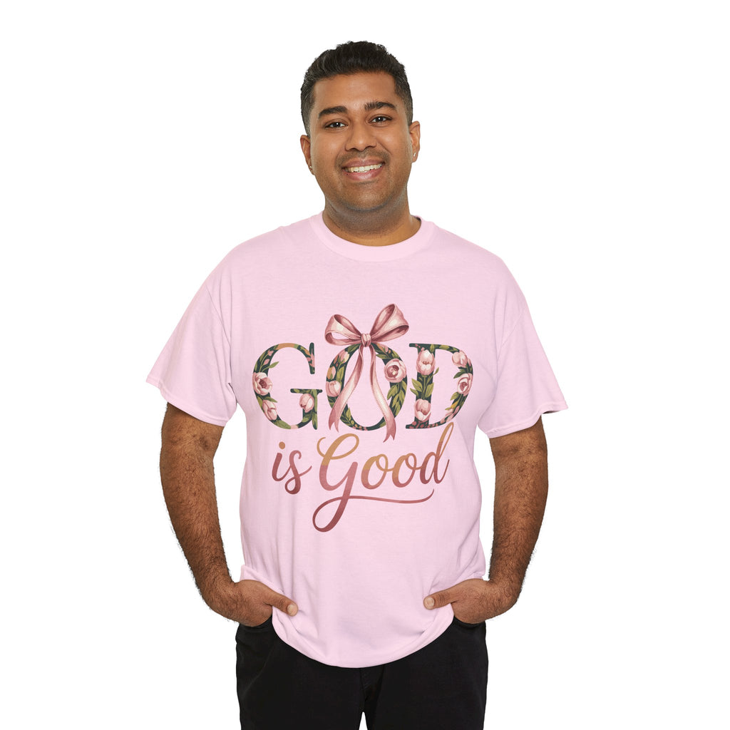 God Is Good Pink Rose Tee — Floral Ribbon Faith Unisex Cotton T-Shirt