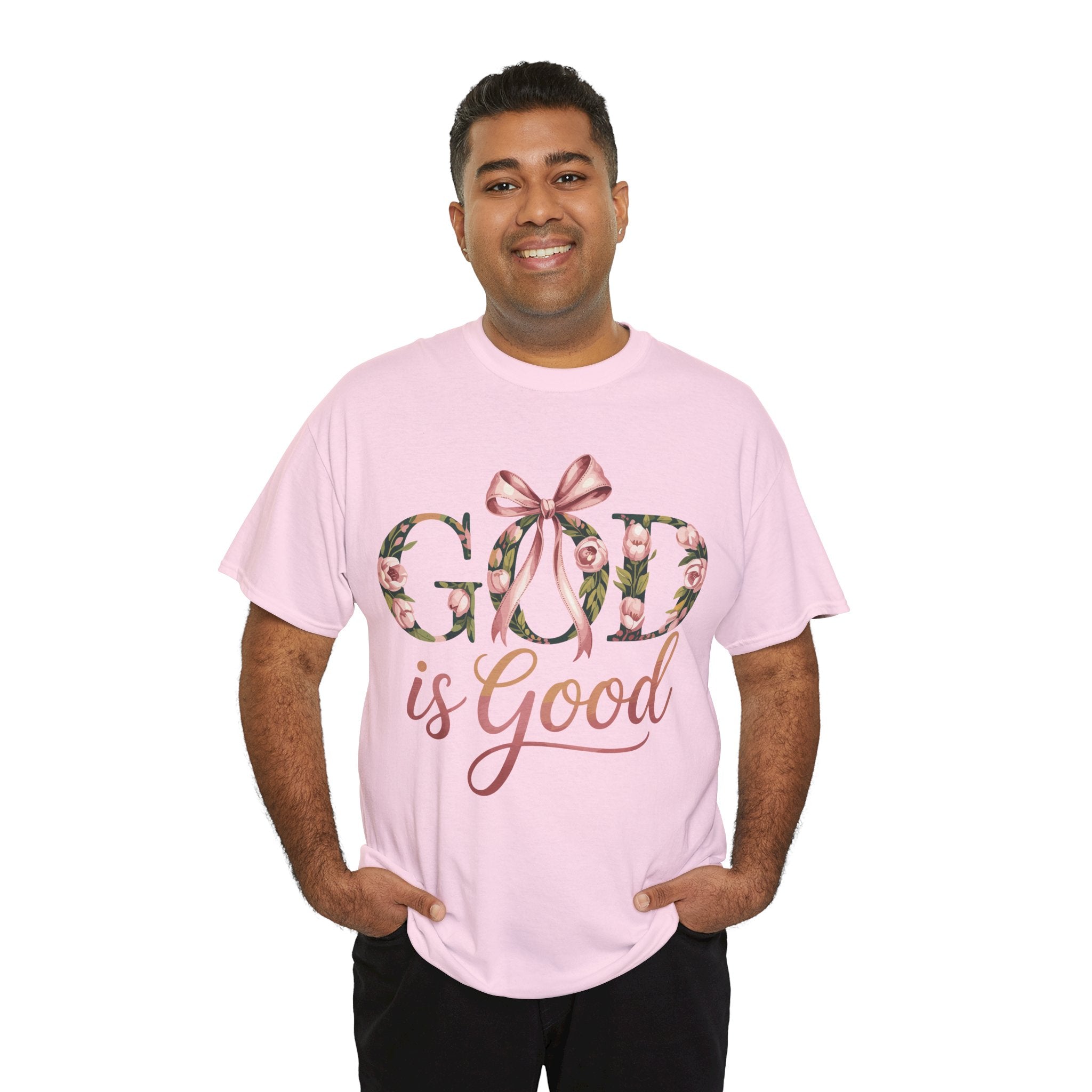 God Is Good Pink Rose Tee — Floral Ribbon Faith Unisex Cotton T-Shirt
