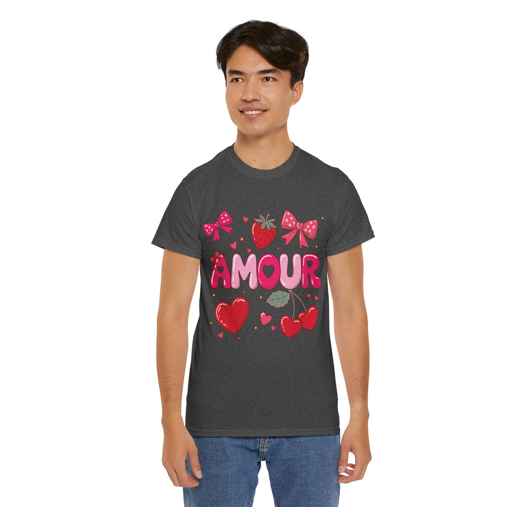 Amour Pink Hearts Tee — Shiny Lettering with Bows, Cherries & Strawberry Accent...Unisex Cotton Tee