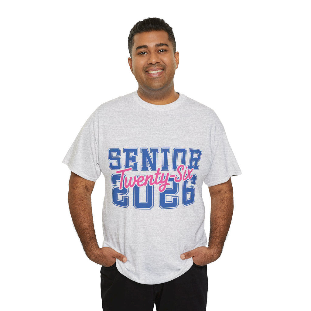 Senior 2026 Tee — Pink Varsity Block with Blue Script Overlay Unisex Cotton Tee