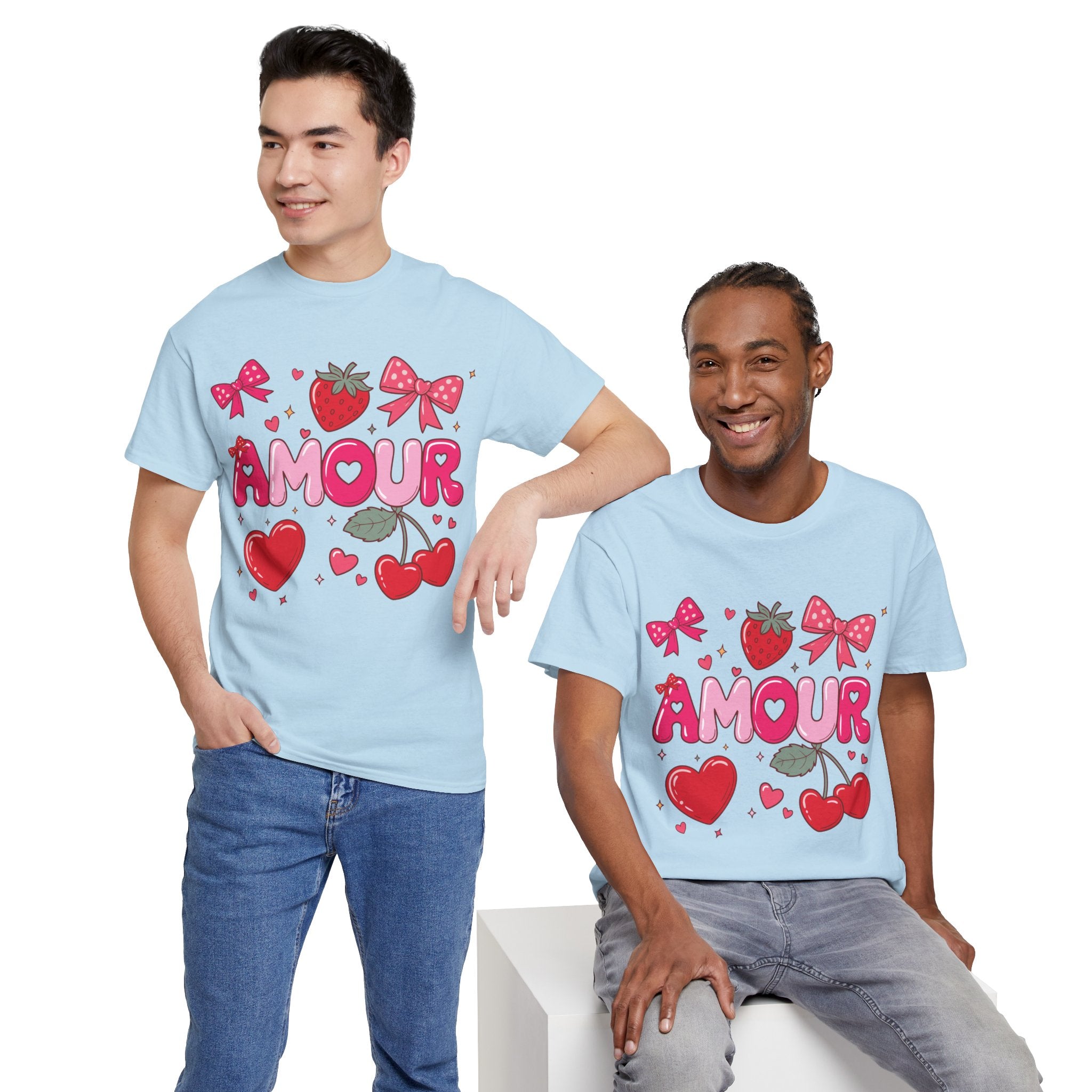 Amour Pink Hearts Tee — Shiny Lettering with Bows, Cherries & Strawberry Accent...Unisex Cotton Tee