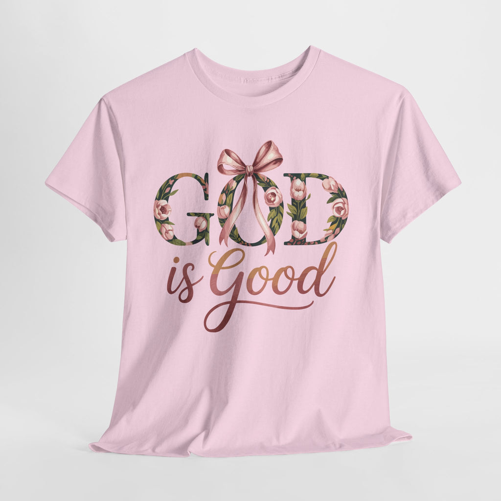 God Is Good Pink Rose Tee — Floral Ribbon Faith Unisex Cotton T-Shirt