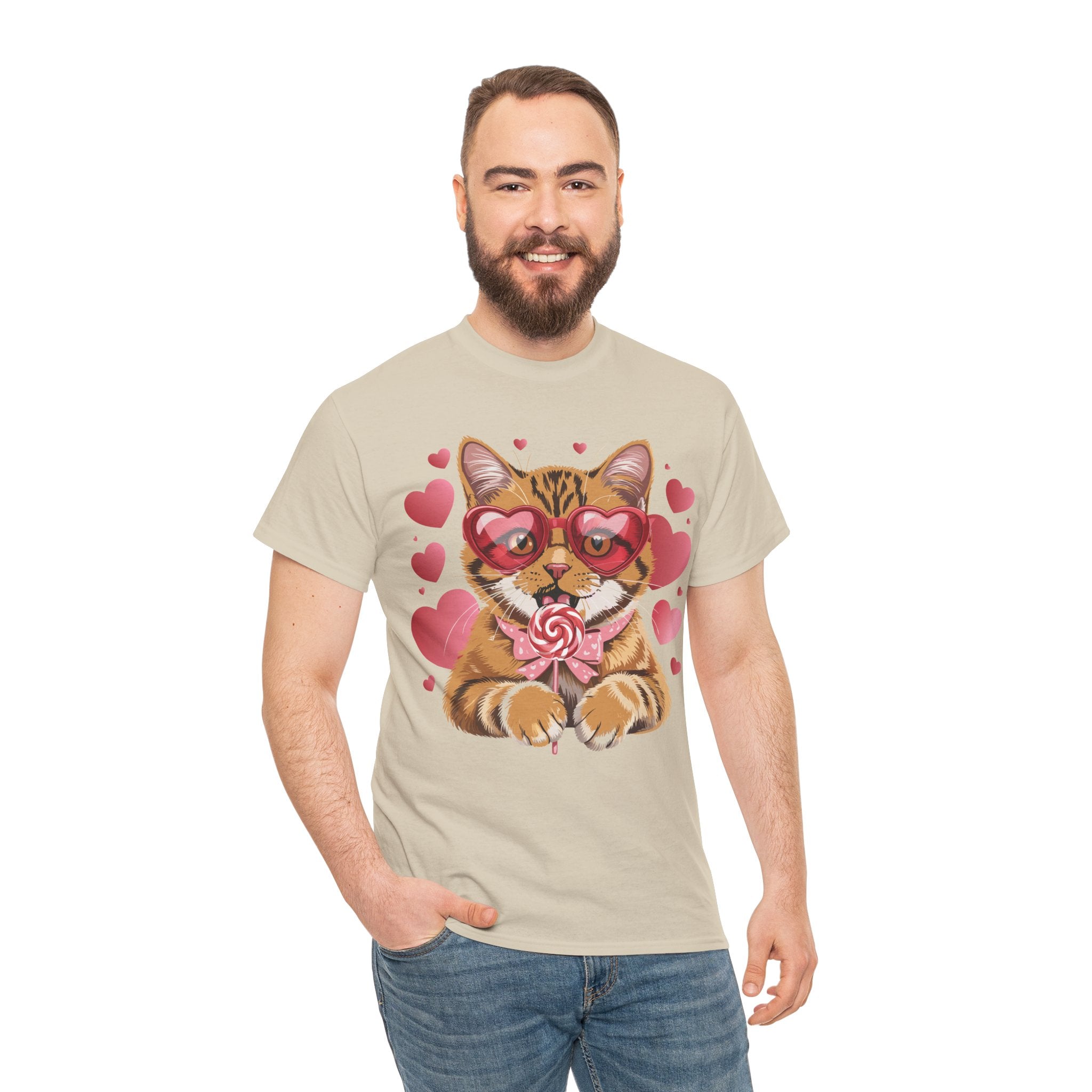Valentine Cat Tee — Heart Glasses, Lollipop Bow Unisex Cotton Tee