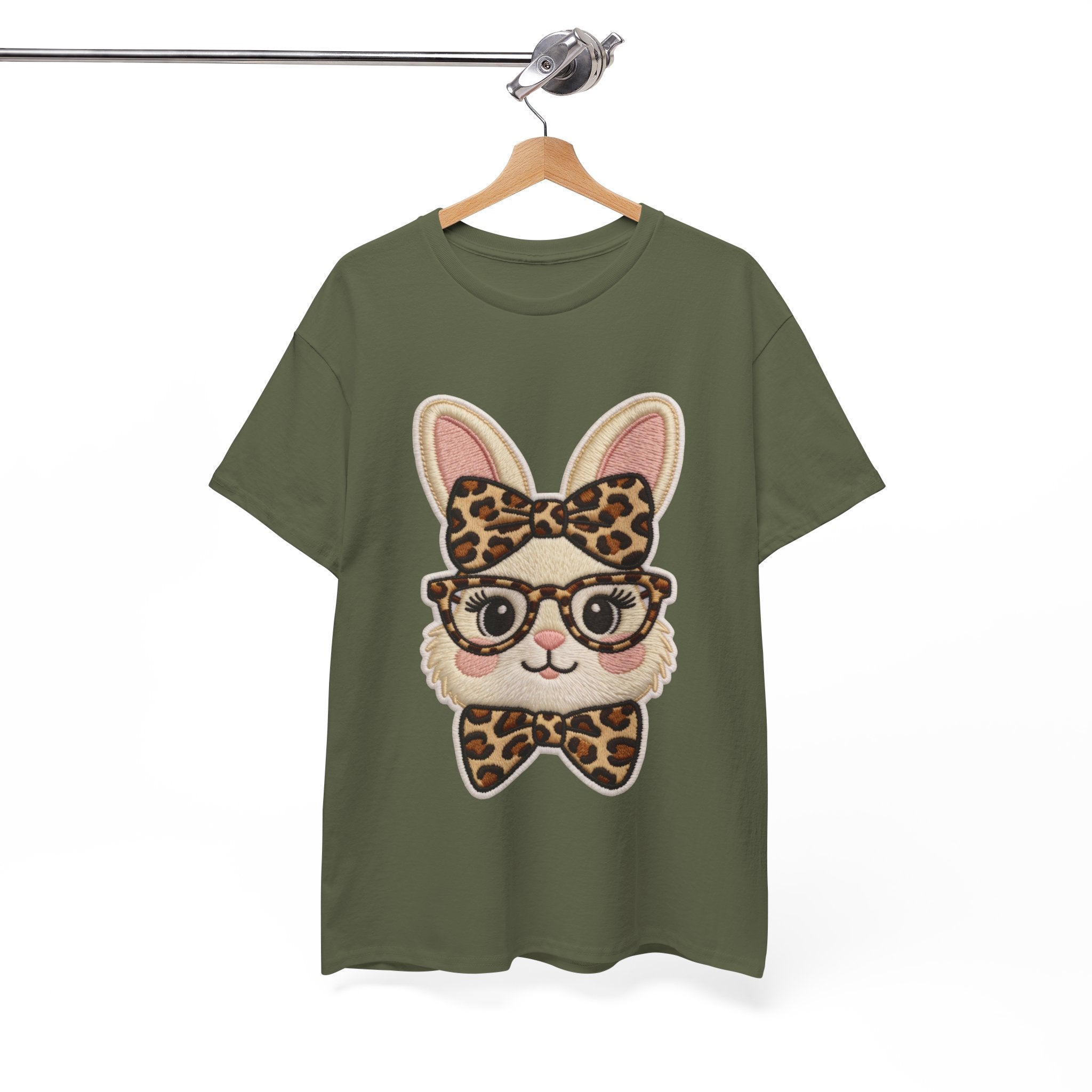 Leopard Bow Bunny Embroidered Tee — Cute Bunny Face with Glasses Patch Unisex Cotton Tee