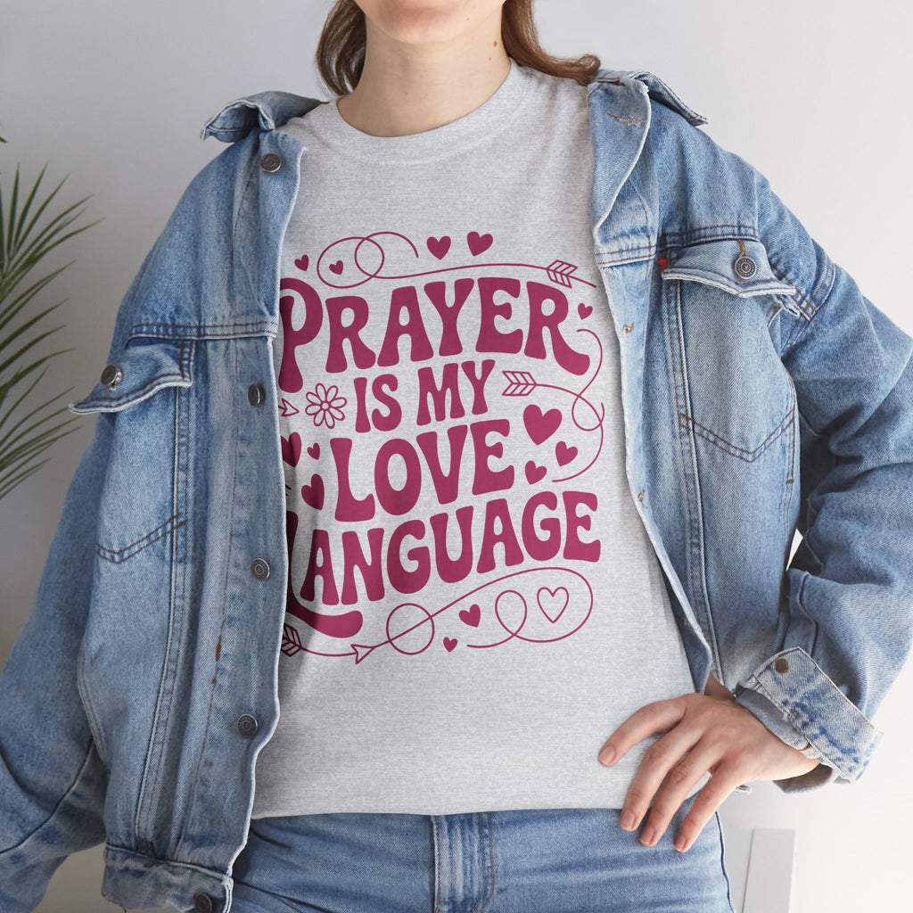 Prayer Is My Love Language Christian Tee — Pastel Pink Hearts Unisex Cotton Tee