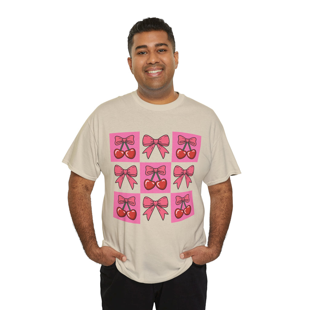 Cherry & Pink Bow Checkered Unisex Cotton Tee