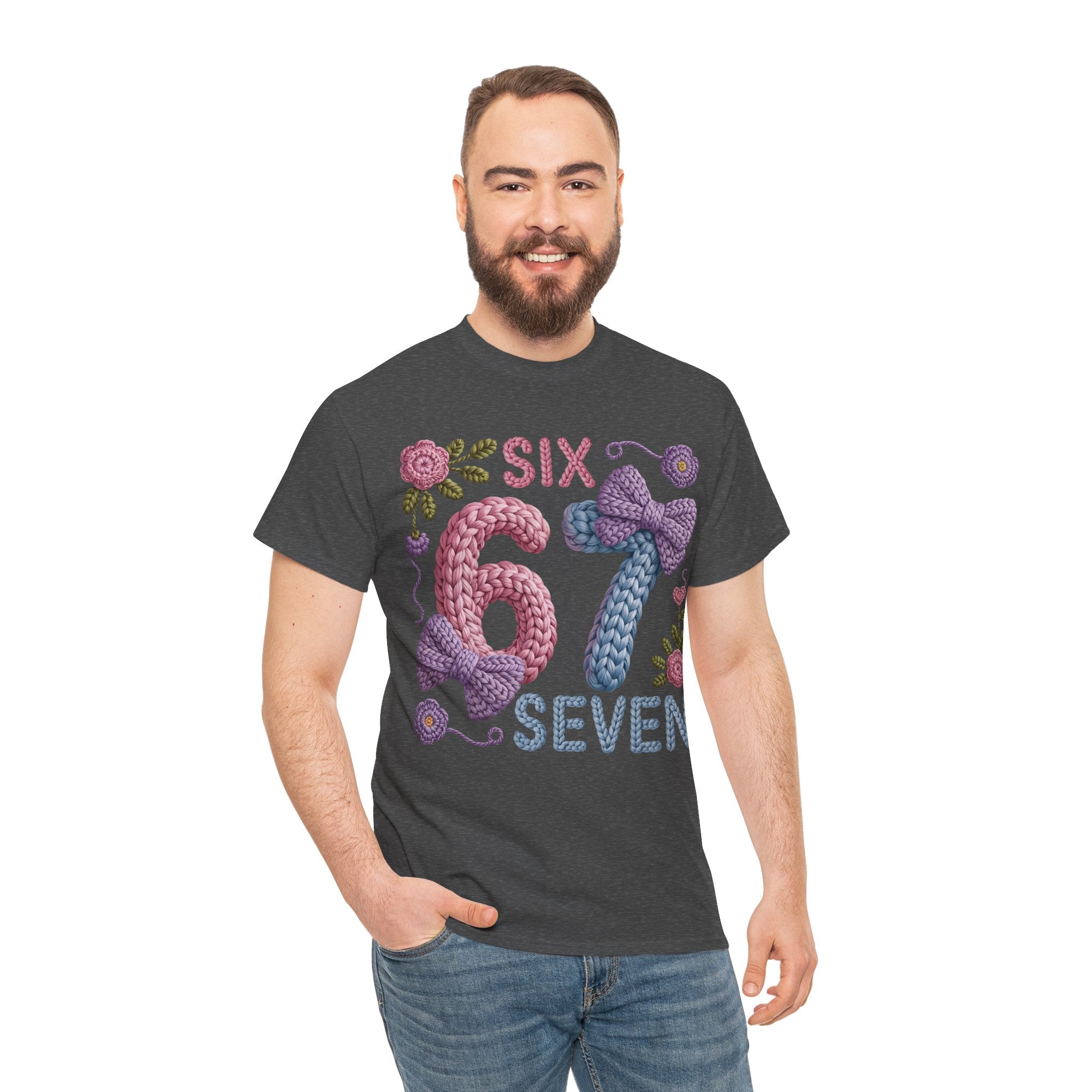 Pastel Crochet Numbers 6 & 7 Tee — Faux-Yarn Bows & Flowers. Unisex Cotton Tee