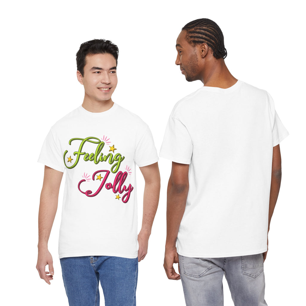 Feeling Jolly Tee — Festive Green & Pink Script with Yellow Stars Unisex Cotton Tee