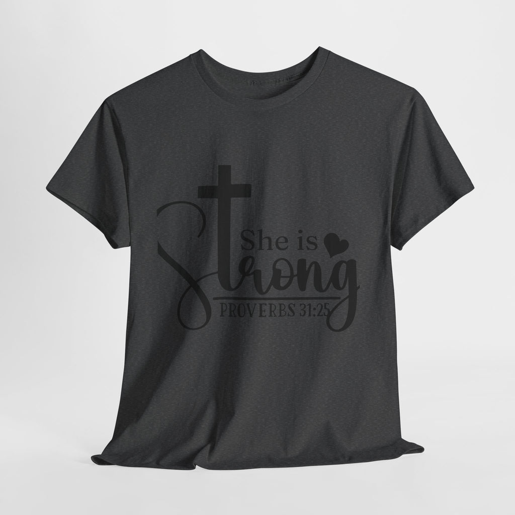 Proverbs 31:25 'She is Strong' T-Shirt – Christian Cross & Heart Unisex Cotton Tee