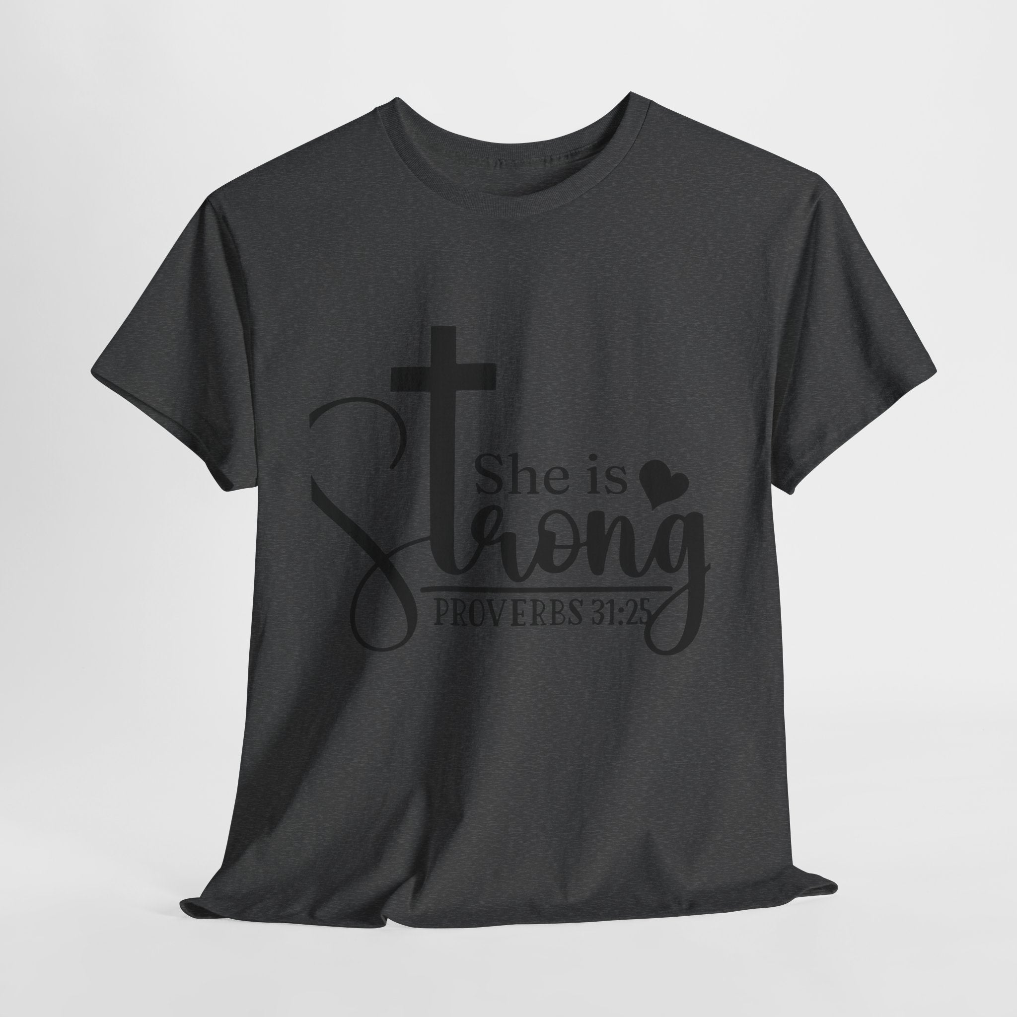 Proverbs 31:25 'She is Strong' T-Shirt – Christian Cross & Heart Unisex Cotton Tee
