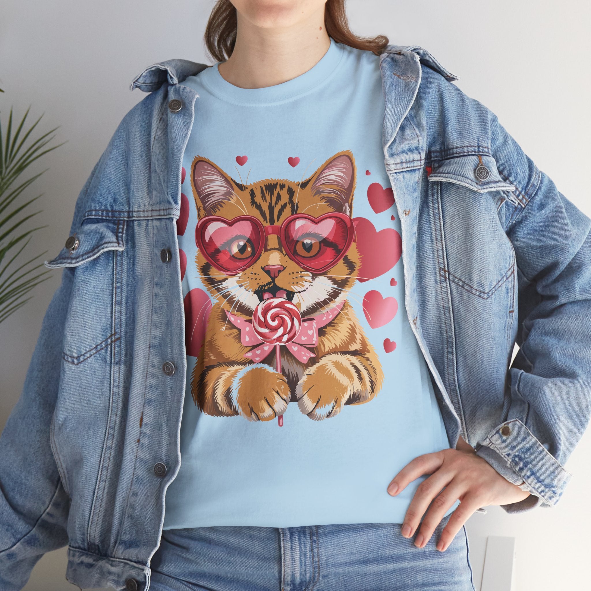 Valentine Cat Tee — Heart Glasses, Lollipop Bow Unisex Cotton Tee