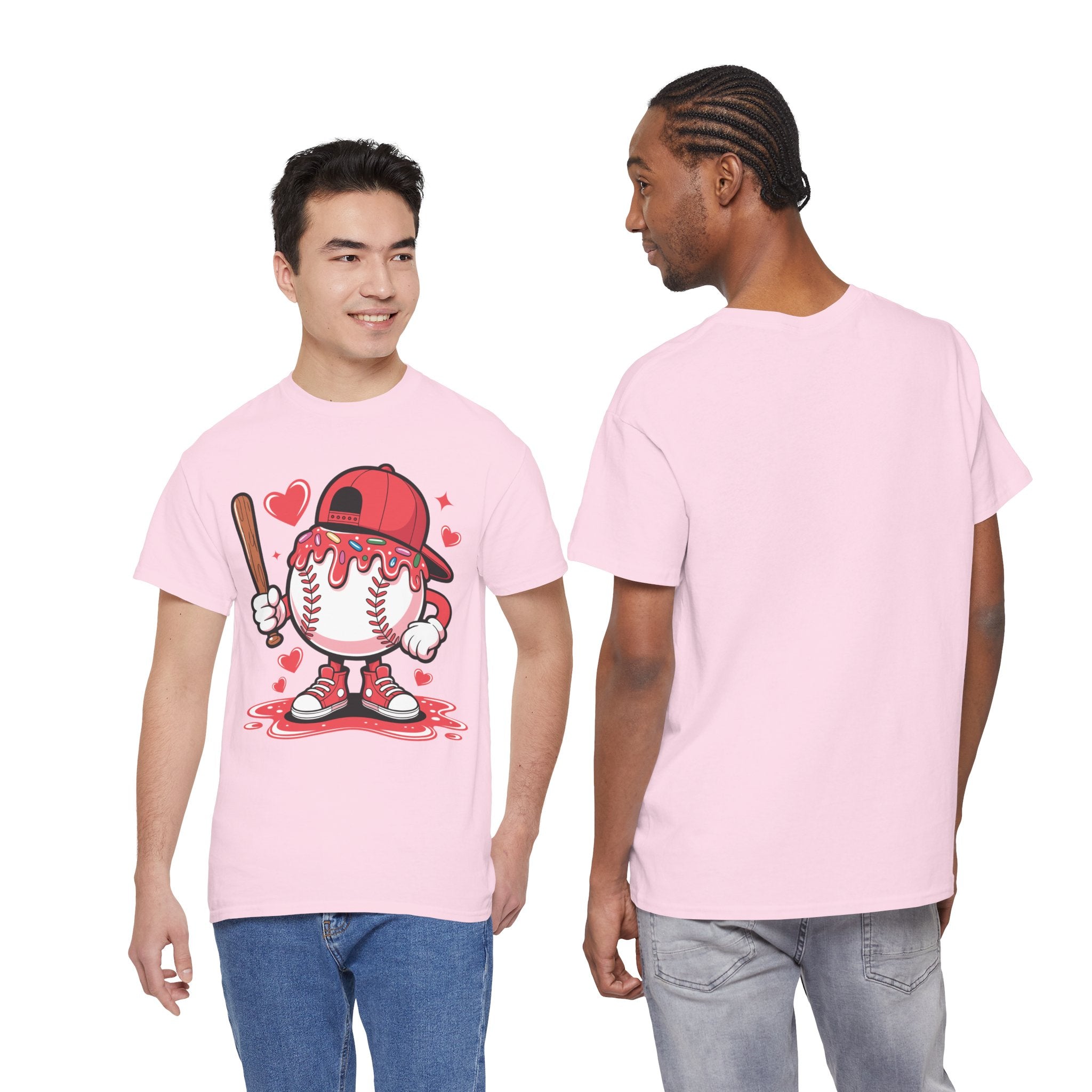 Cute Baseball Character T-Shirt — Red Cap & Icing Top Graphic with Hearts Unisex Cotton Tee