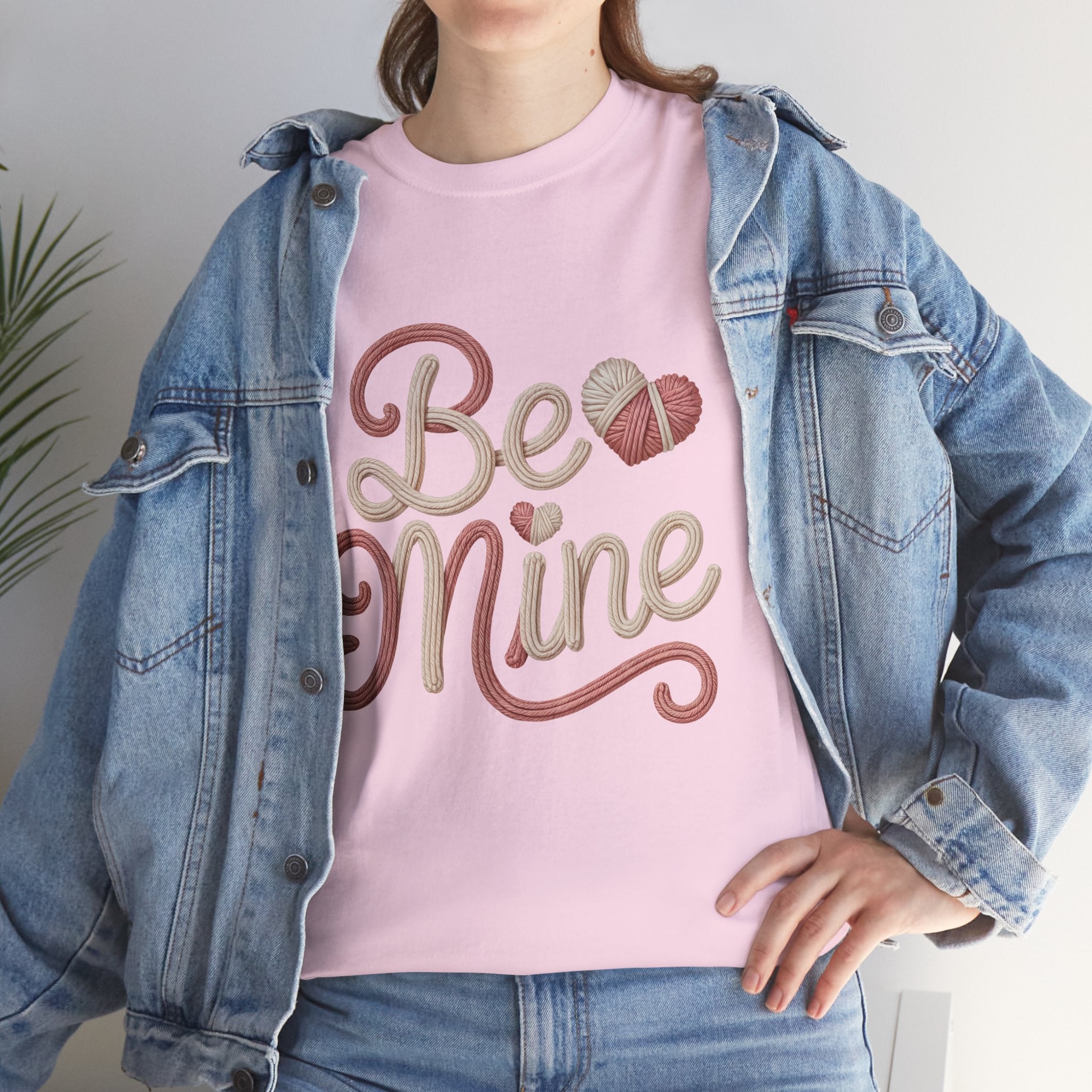 Be Mine Yarn Heart T-Shirt — Valentine’s Faux-Yarn Pink & Cream Unisex Cotton Tee