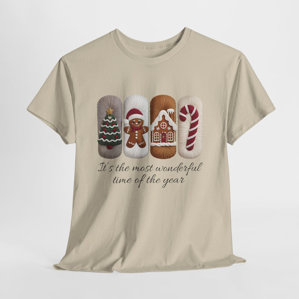 Christmas Faux-Yarn Tree Tee — Gingerbread House & Candy Cane Holiday Unisex Cotton T-Shirt