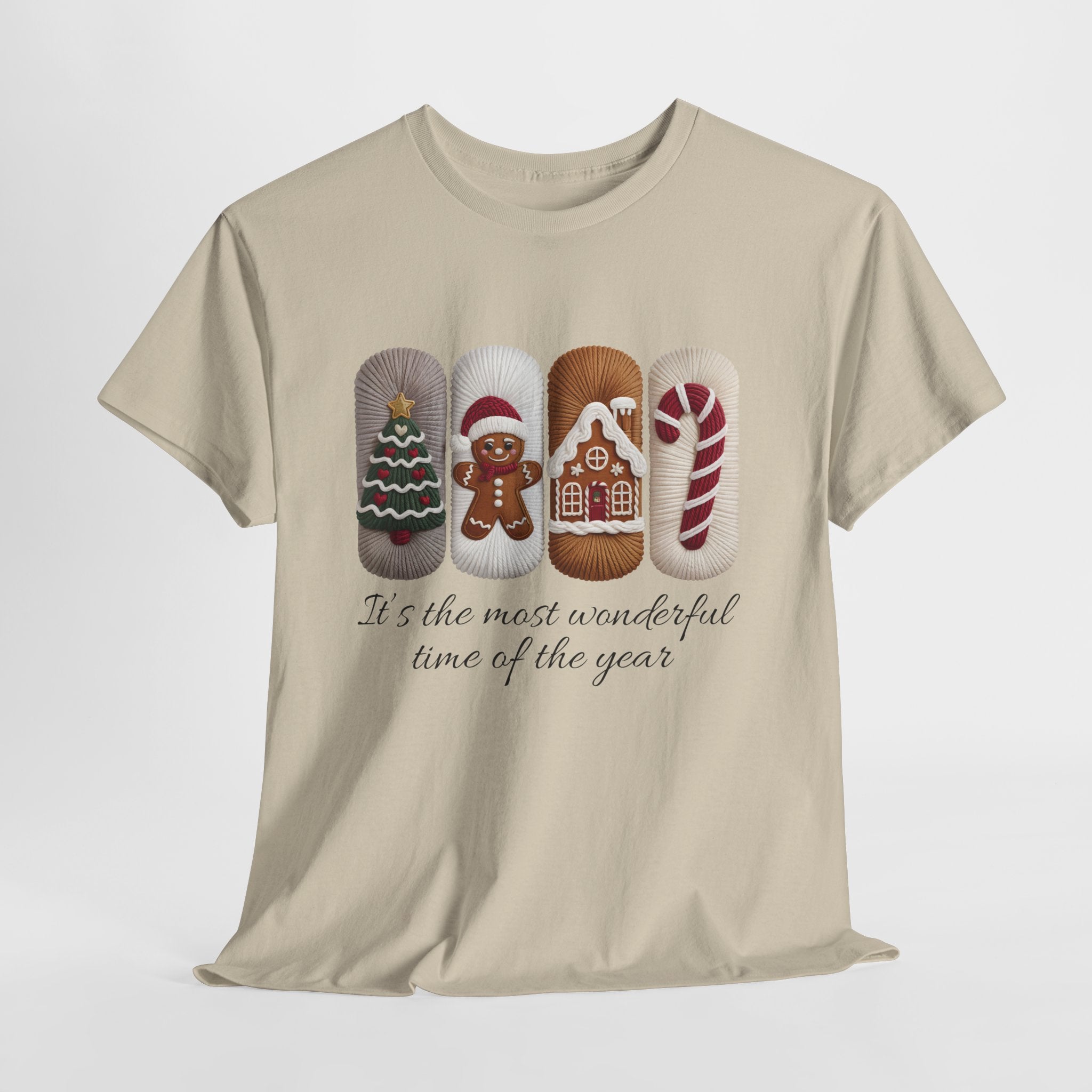 Christmas Faux-Yarn Tree Tee — Gingerbread House & Candy Cane Holiday Unisex Cotton T-Shirt