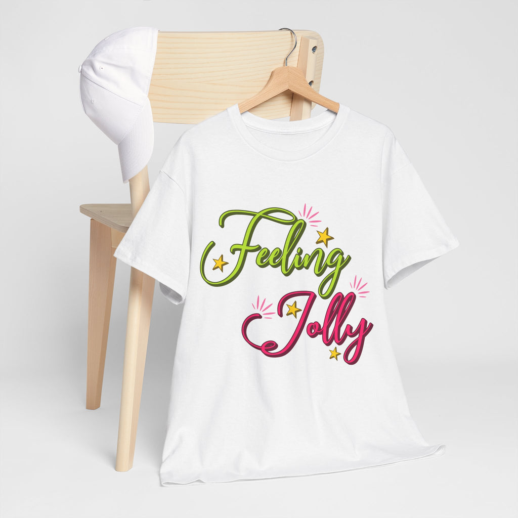Feeling Jolly Tee — Festive Green & Pink Script with Yellow Stars Unisex Cotton Tee