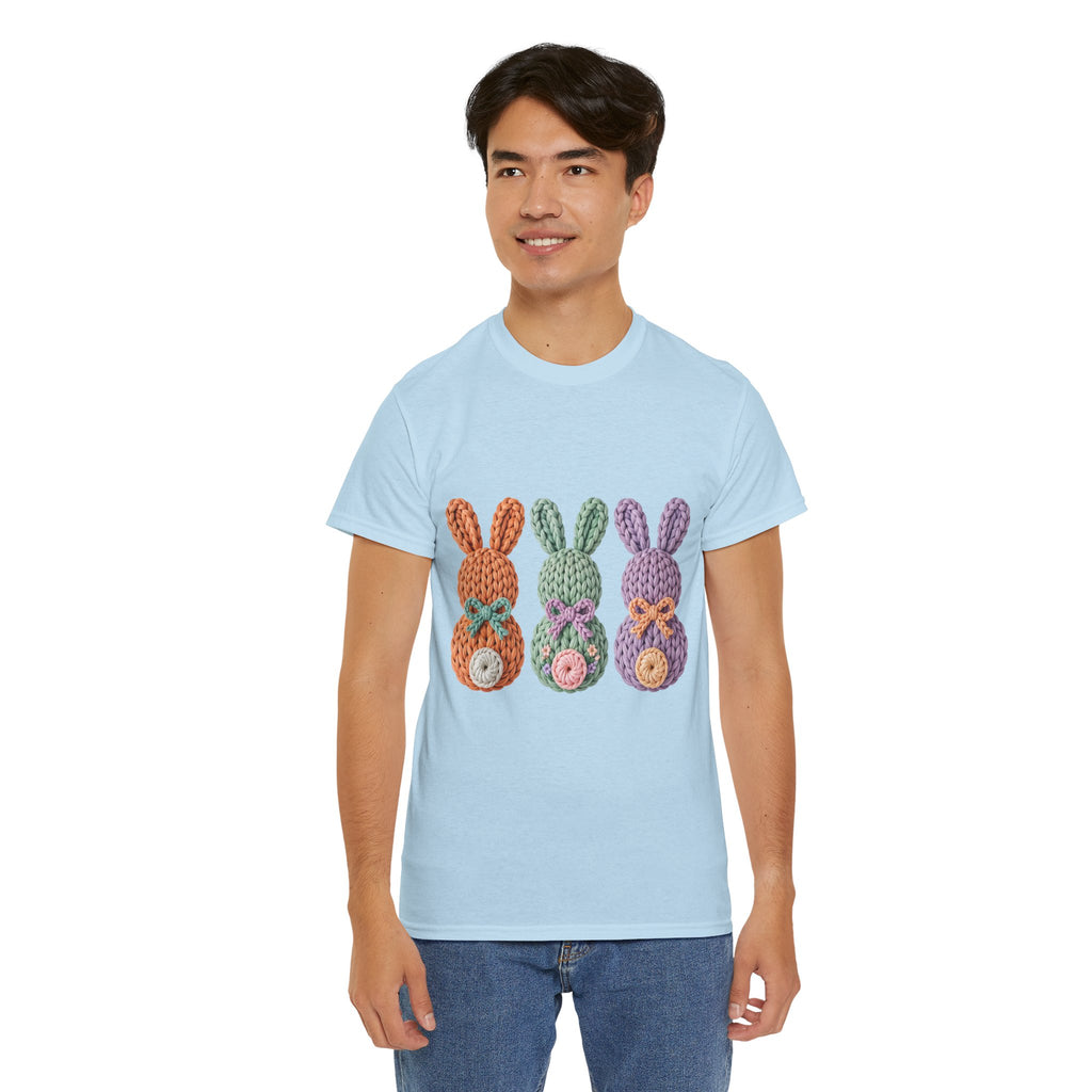 Pastel Crochet Bunny Tee — Trio of Faux Knit Bunnies with Bows & Flowers Unisex Cotton Tee