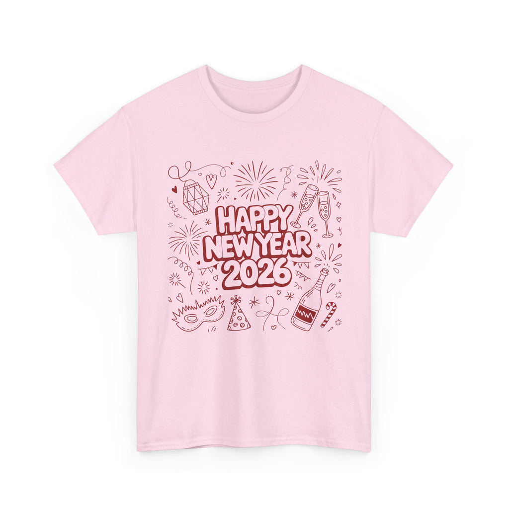 Happy New Year 2026 Doodle T-Shirt — Pink Party Icons & Champagne Unisex Cotton Tee