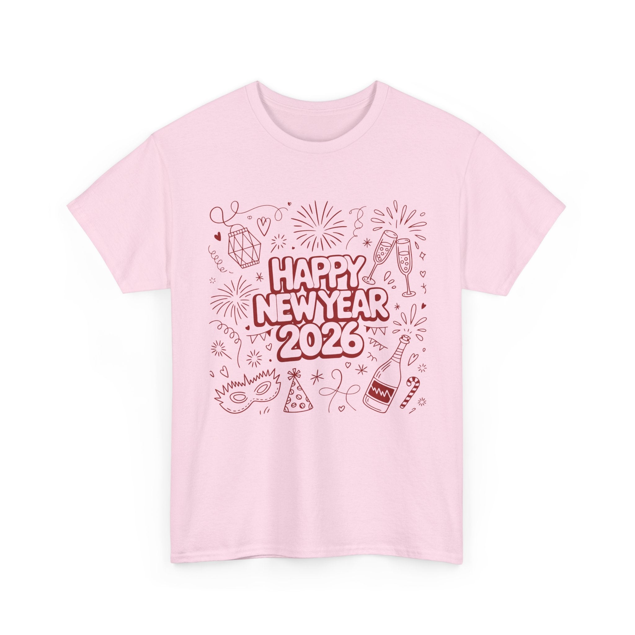 Happy New Year 2026 Doodle T-Shirt — Pink Party Icons & Champagne Unisex Cotton Tee